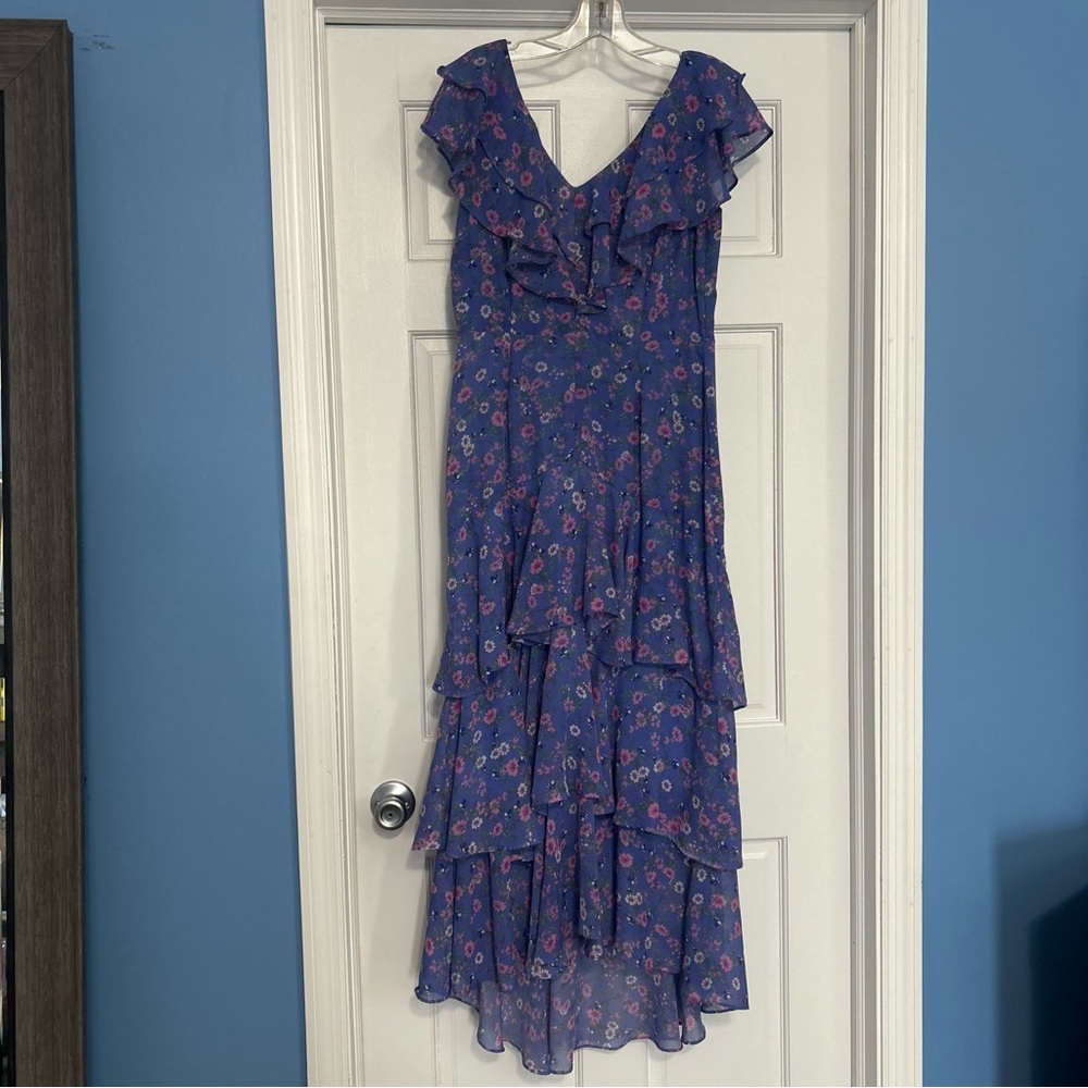 Shelby & Palmer size 10 purple floral tiered ruffle midi dress cocktail shower